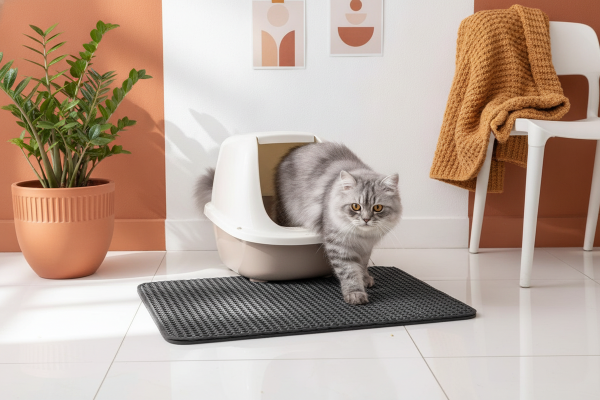 A cat steps onto an "AbsorbiLitière" mat next to a litter box in a modern, bright room with warm amber and terracotta decor.