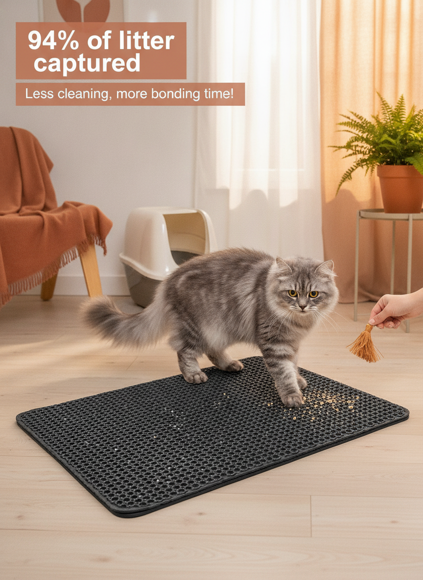 AbsorbiLitière mat in a clean Parisian apartment, capturing cat litter and keeping the floor dry.